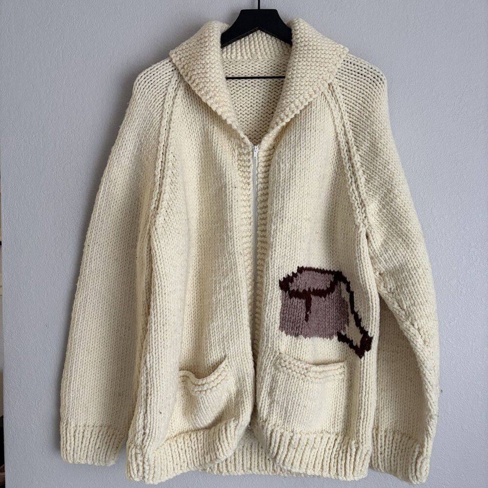 Vintage 1960's Mary Maxim Cowichan Trout Sweater Full Zip Mens XL